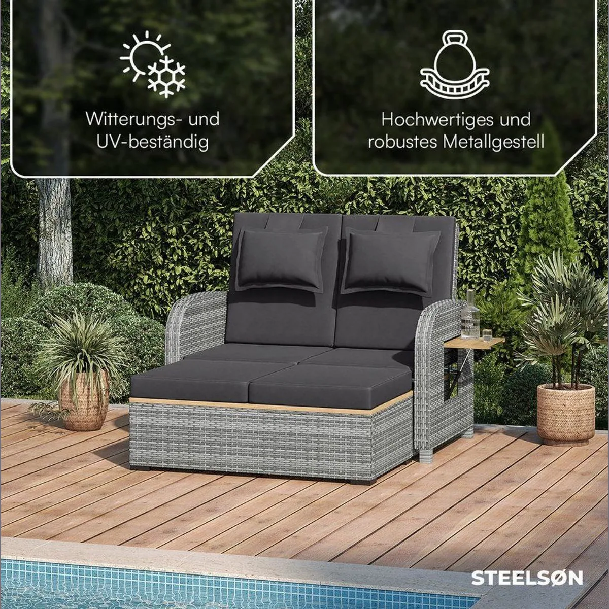 STEELSØN Caelum Gartenlounge-Set, 3-fach verstellbare Rückenlehne, herausziehbare Sitzbank, wetterfest 4