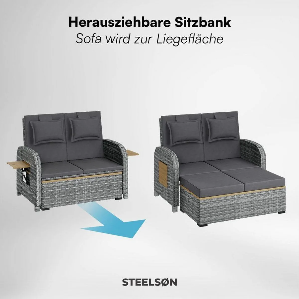 STEELSØN Caelum Gartenlounge-Set, 3-fach verstellbare Rückenlehne, herausziehbare Sitzbank, wetterfest 5