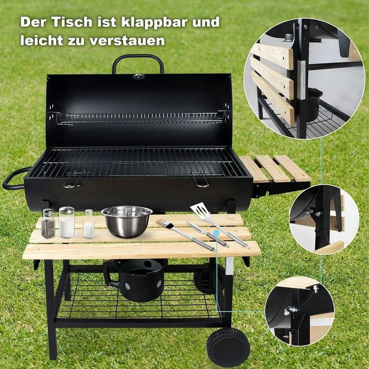 SunJas Holzkohlegrill XXL, präzises Thermometer, abnehmbarer Aschekasten, großzügige Grillfläche 2