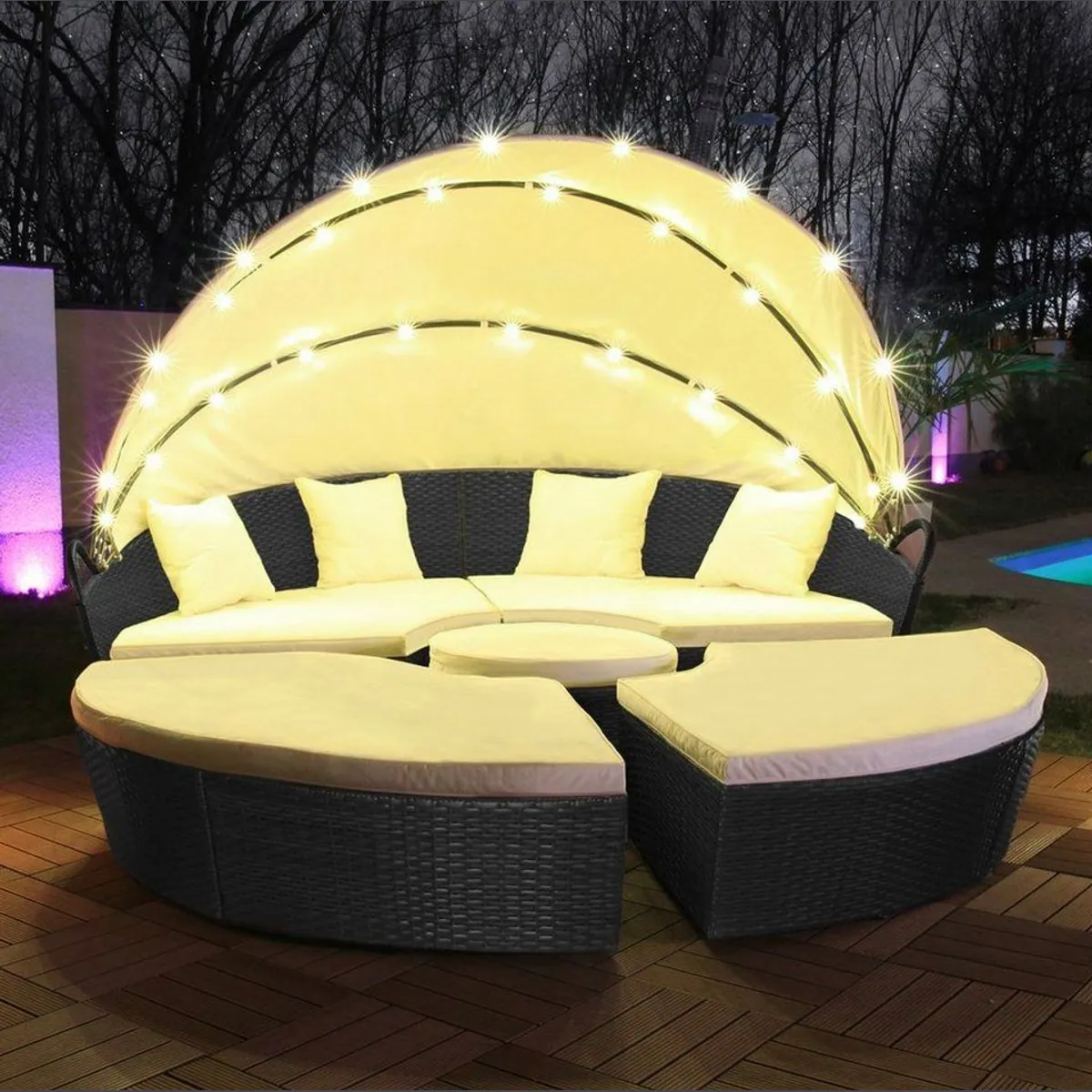 Swing&Harmonie LED-Sonneninsel, modulare Gartenlounge aus Polyrattan — inklusive Abdeckcover und Solarmodul