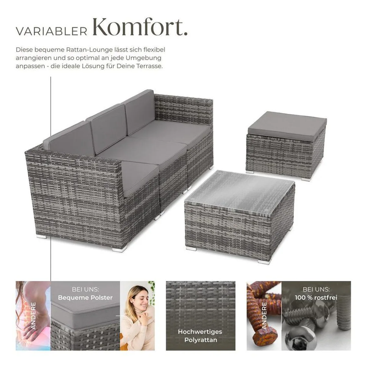 tectake Loungeset Lignano, witterungsbeständiges Rattan, vielseitig kombinierbar 3