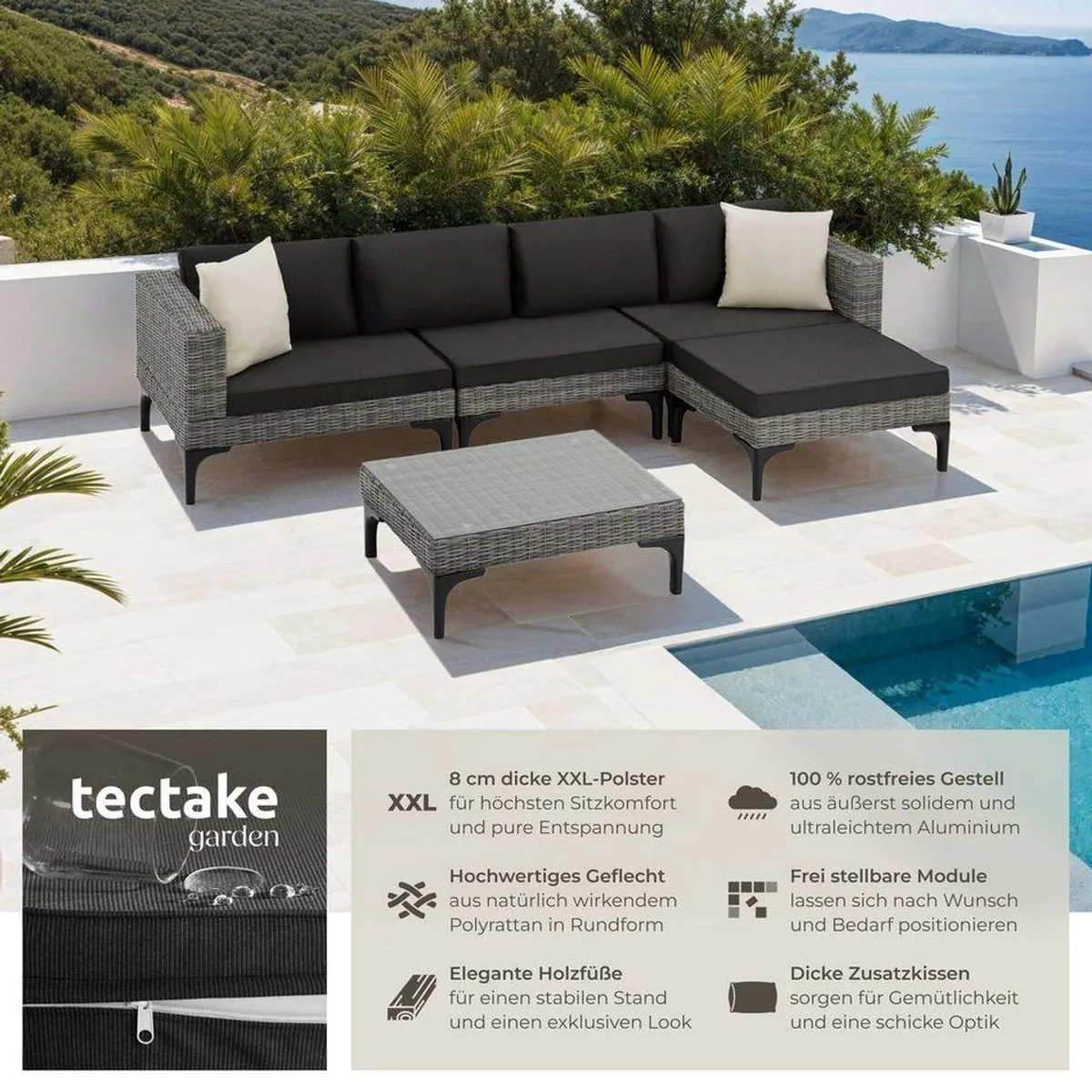 tectake Loungeset Konstanza, stilvolles Rattangeflecht, wetterfest und UV-beständig — 5-teilig in Grau 2