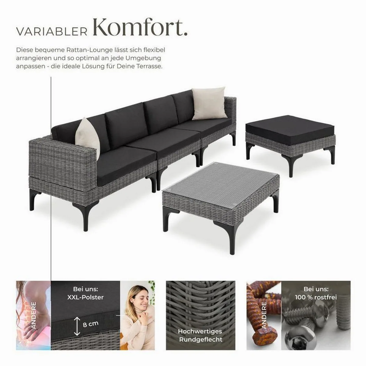 tectake Loungeset Konstanza, stilvolles Rattangeflecht, wetterfest und UV-beständig — 5-teilig in Grau 3