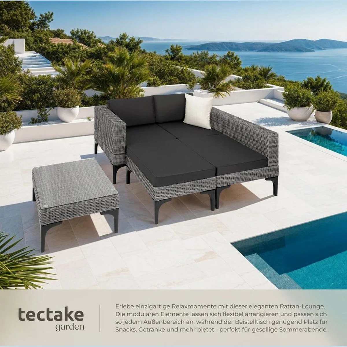 tectake Loungeset Konstanza, stilvolles Rattangeflecht, wetterfest und UV-beständig — 5-teilig in Grau 5