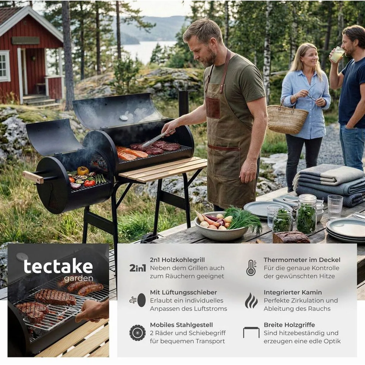 tectake Holzkohlegrill Smoker 2in1, präzise Temperaturkontrolle und vielseitige Nutzung 2