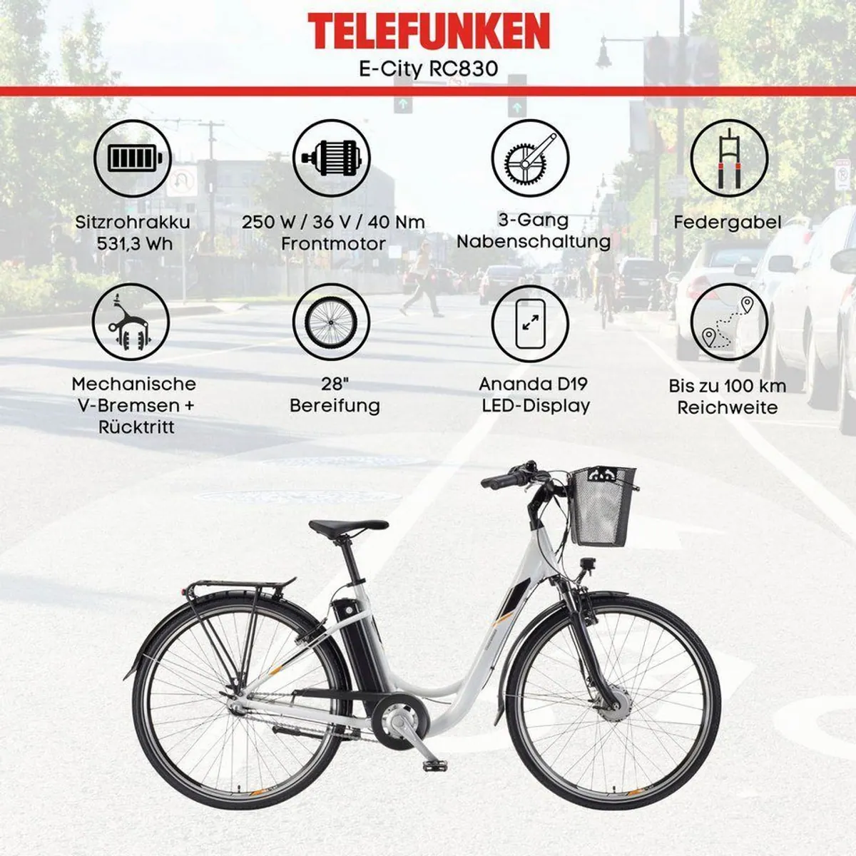 Telefunken E-Bike RC830, 250 W Frontmotor, 3-Gang Shimano Nexus — komfortabel, leistungsstark, städtisch 5