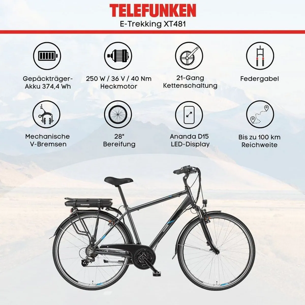 Telefunken Expedition XT481 E-Bike, 21 Gang Shimano, bis zu 100 km Reichweite 5