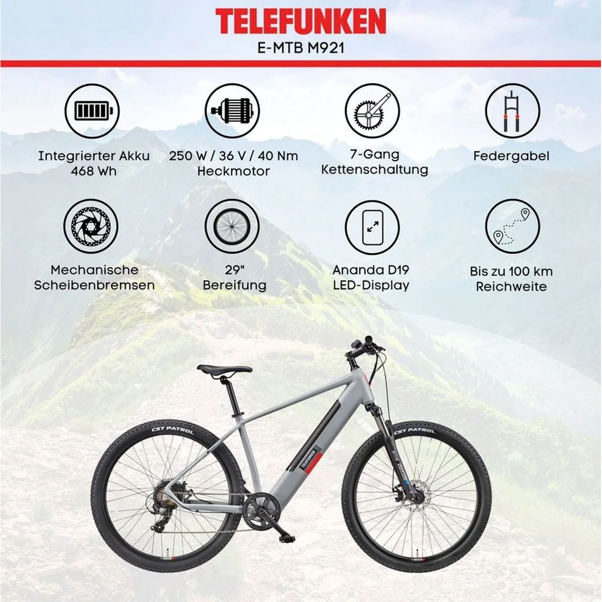 Telefunken M921 E-Bike Mountainbike, 7-Gang Shimano, Hochleistungsakku, 29 Zoll 5