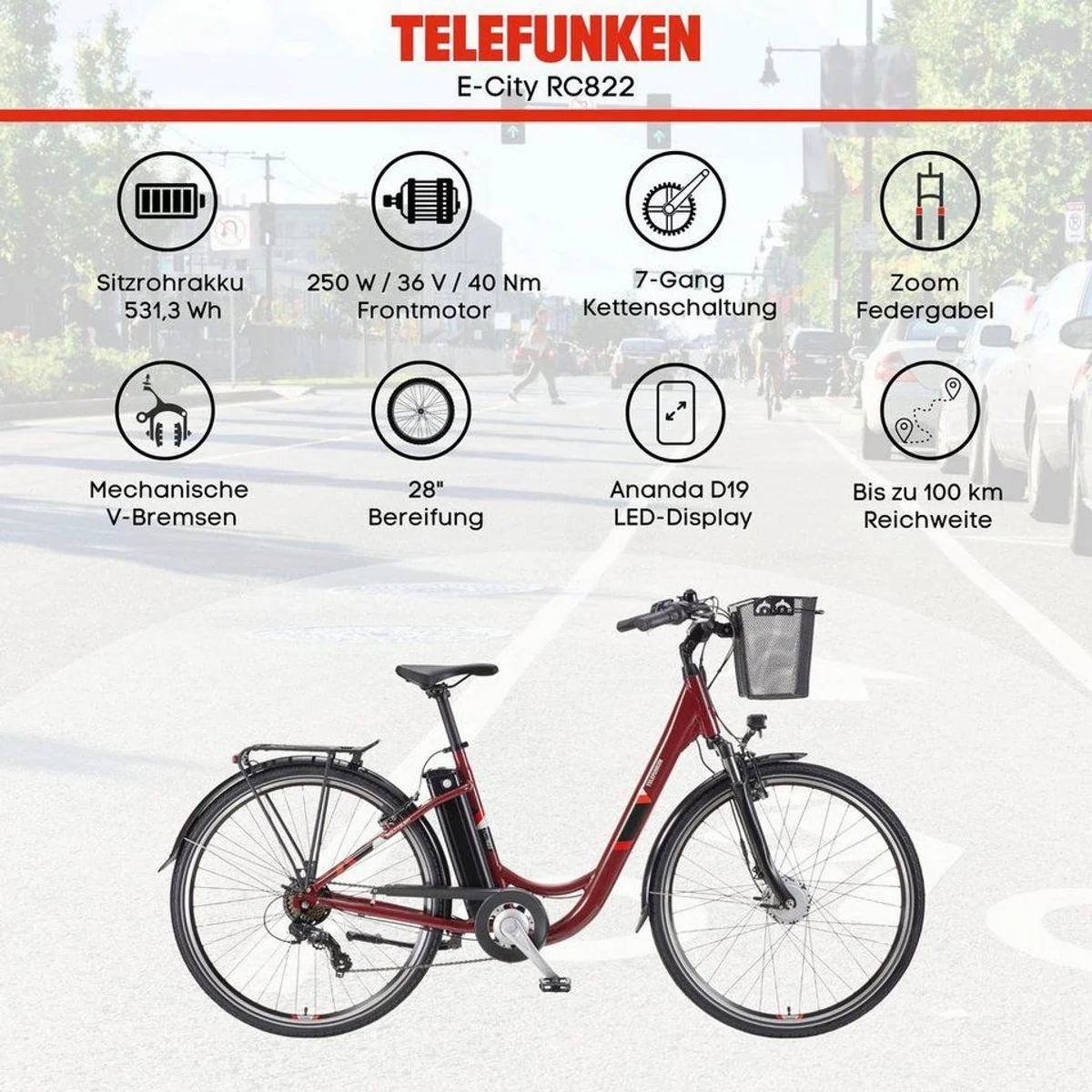 Telefunken E-Bike Cityrad RC822, 100 km Reichweite, 7-Gang Shimano Schaltung 4