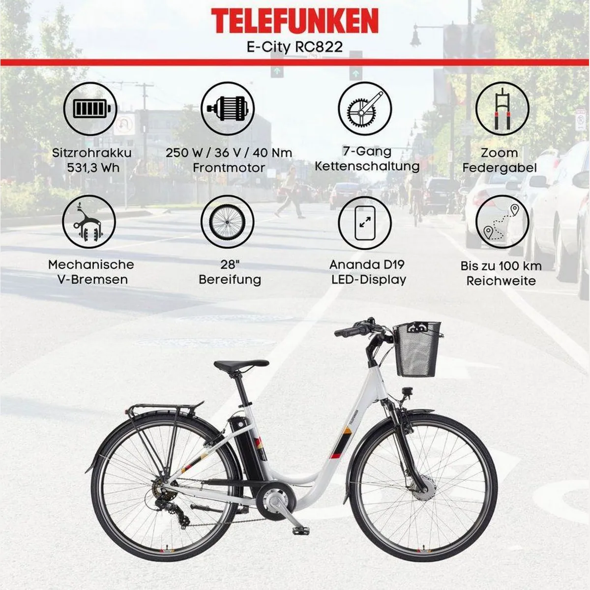 Telefunken RC822 City-Pedelec, 100 km Reichweite, 7-Gang Shimano Schaltung 5