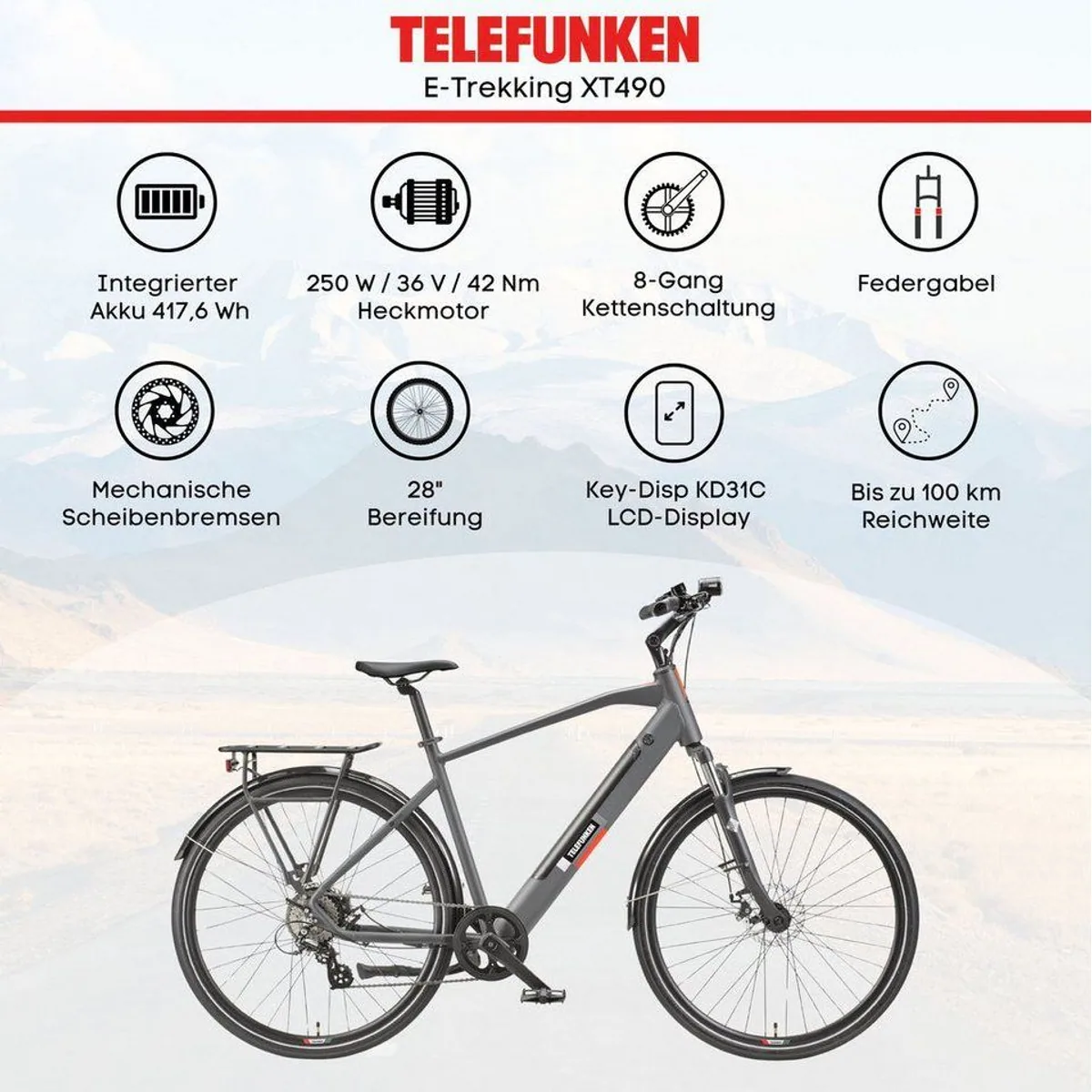 Telefunken E-Bike Trekkingrad Expedition XT490, 8-Gang Shimano, 250 W Heckmotor, 417,6 Wh Akku 5