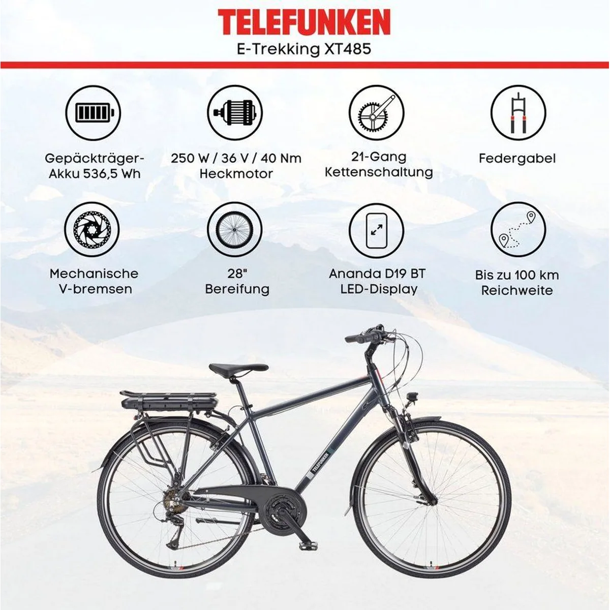 Telefunken Expedition XT485 E-Bike, 536,5 Wh Akku, Shimano 21-Gang Schaltung, 28 Zoll 5