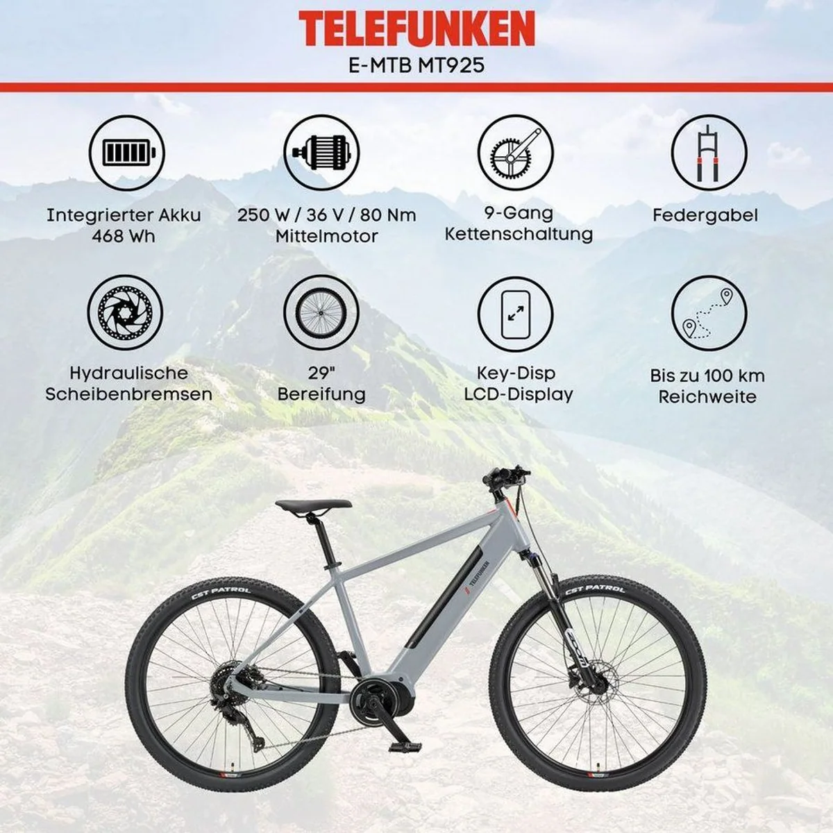 Telefunken MT925 E-Bike Mountainbike, 9-Gang Shimano, Mittelmotor, 468 Wh 5