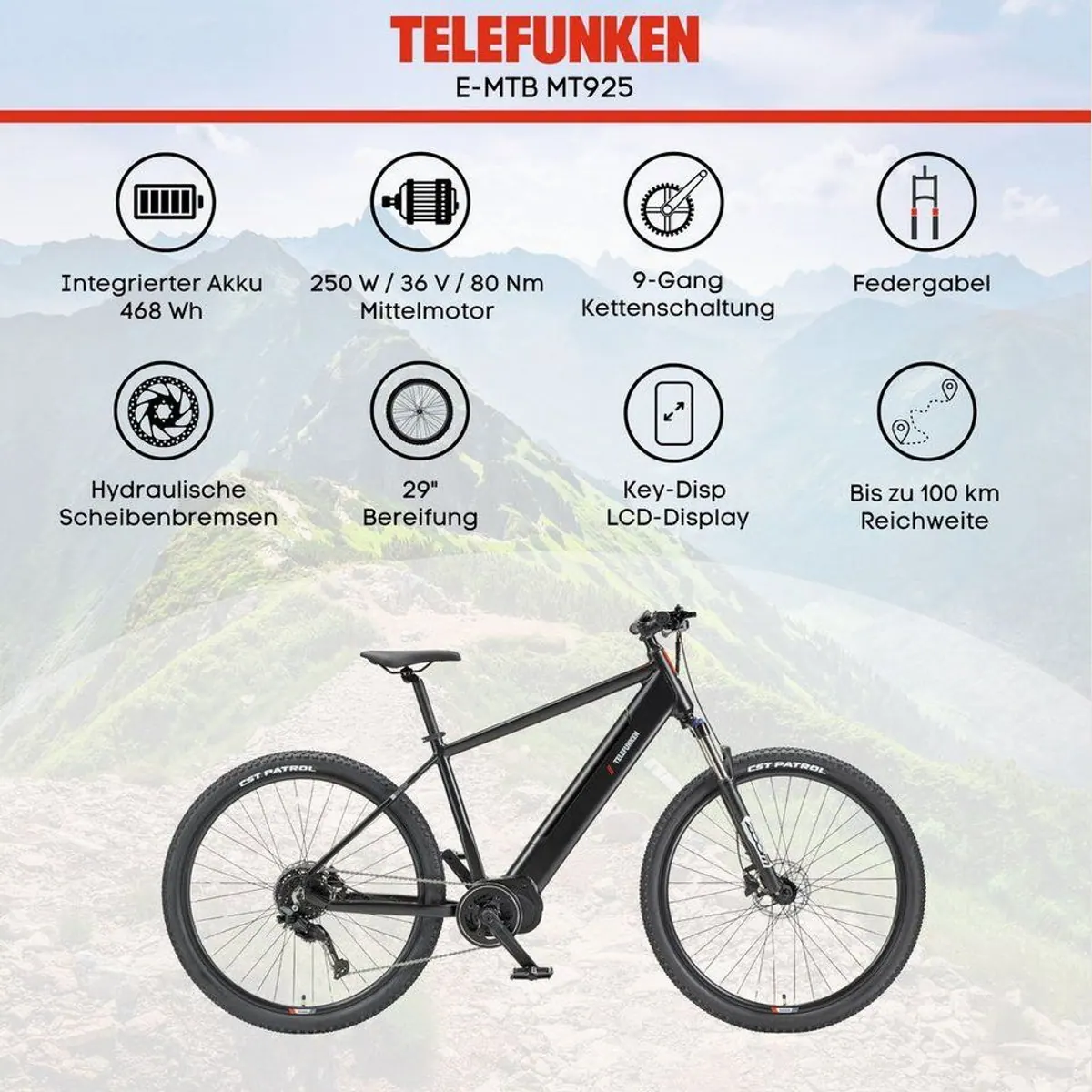 Telefunken E-Bike Mountainbike MT925, 9-Gang Shimano Cues, kraftvoller Mittelmotor 5