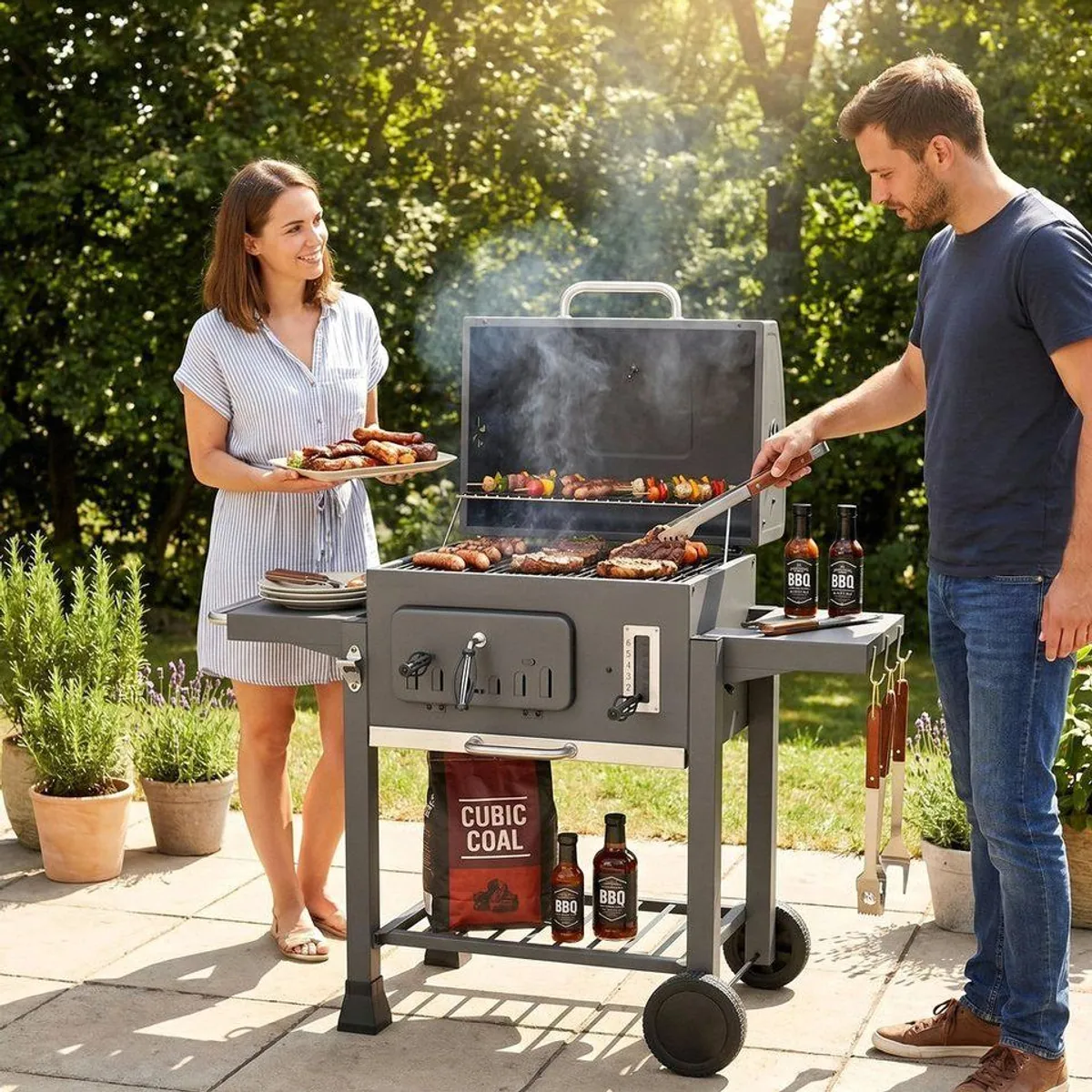 TLGREEN Holzkohlegrill XXL, 3-Zonen Multifunktion, höhenverstellbare Kohleschale & Thermometer