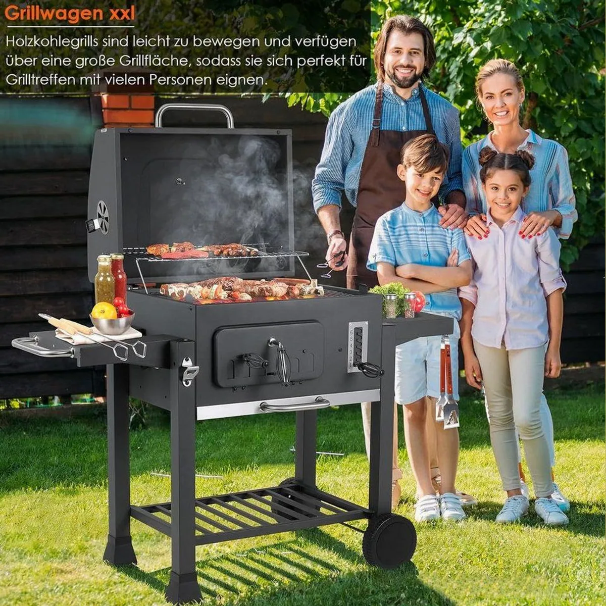 TLGREEN Holzkohlegrill XXL, 3-Zonen Multifunktion, höhenverstellbare Kohleschale & Thermometer 3
