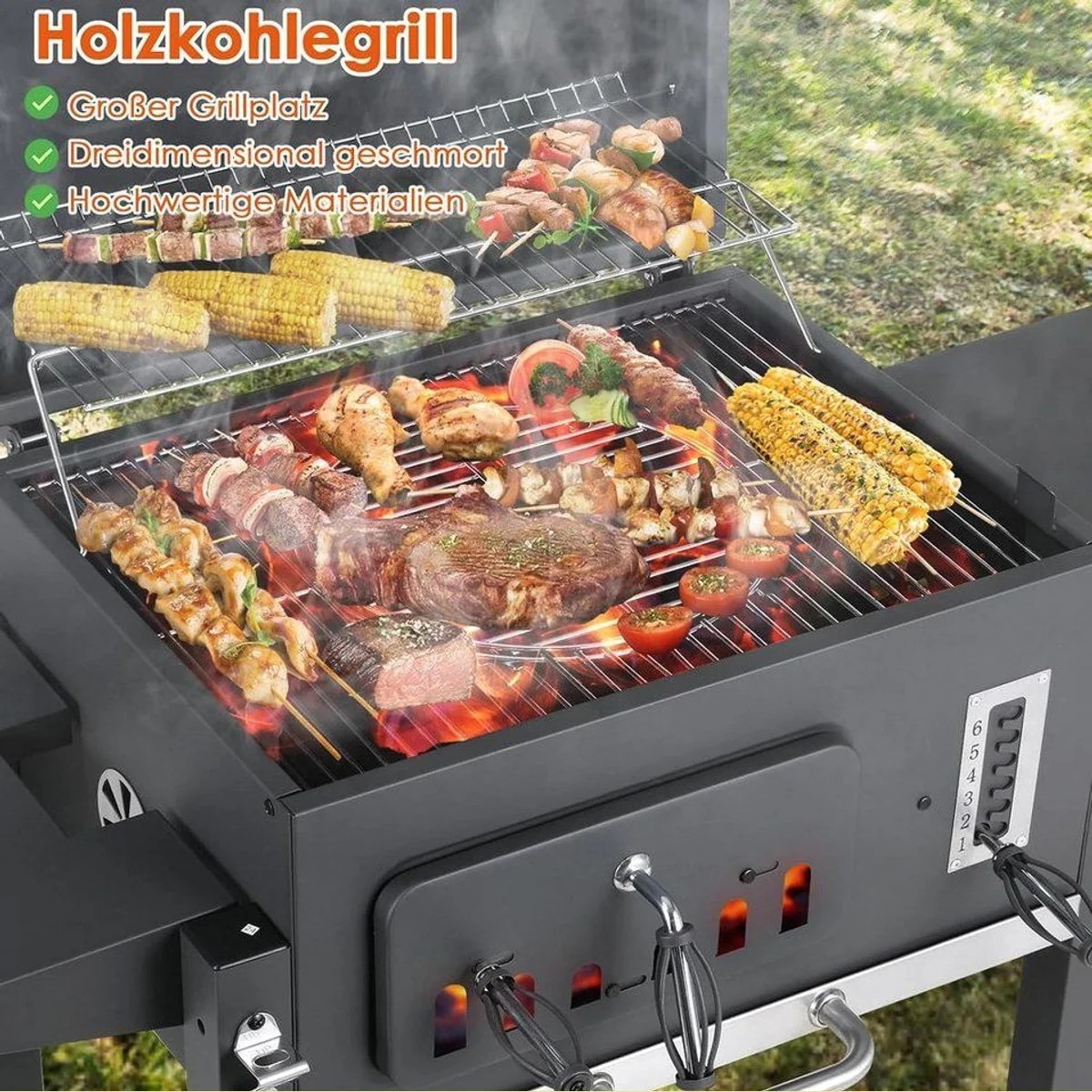 TLGREEN Holzkohlegrill XXL, 3-Zonen Multifunktion, höhenverstellbare Kohleschale & Thermometer 4