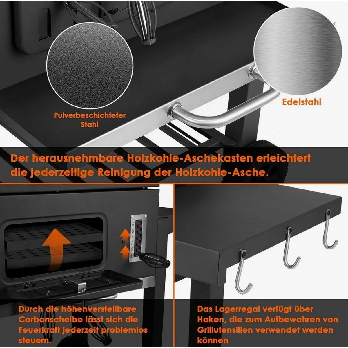 TLGREEN Holzkohlegrill XXL, 3-Zonen Multifunktion, höhenverstellbare Kohleschale & Thermometer 5