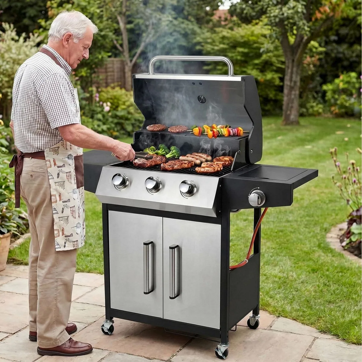 TLGREEN Gasgrill 3+1 Edelstahl Brenner, 13,5 kW Heizleistung, mit Seitenkochfeld & Thermometer