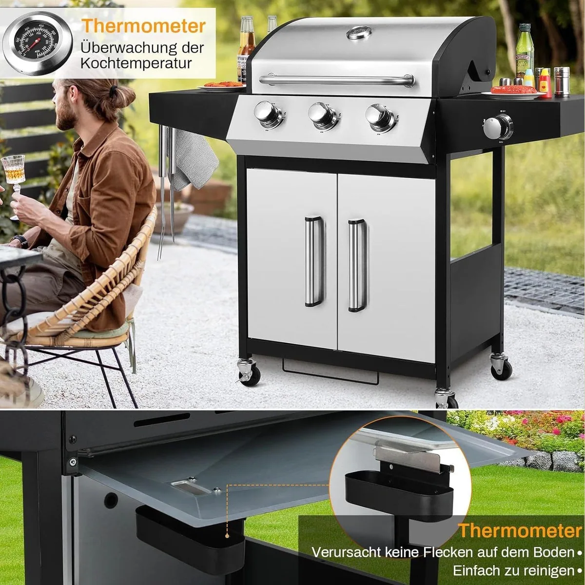 TLGREEN Gasgrill 3+1 Edelstahl Brenner, 13,5 kW Heizleistung, mit Seitenkochfeld & Thermometer 3