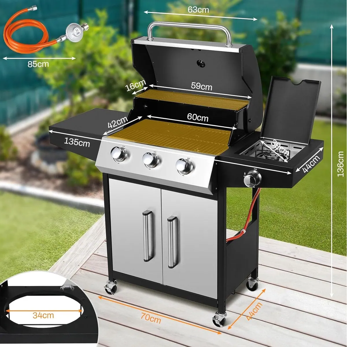 TLGREEN Gasgrill 3+1 Edelstahl Brenner, 13,5 kW Heizleistung, mit Seitenkochfeld & Thermometer 4