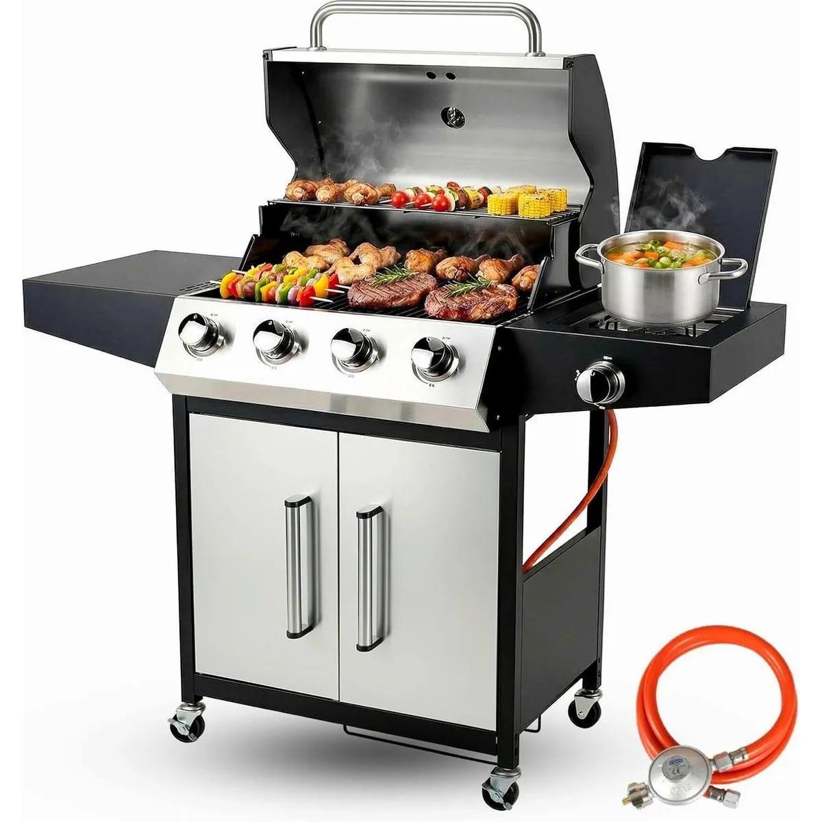 TLGREEN Gasgrill 4+1 Brenner, 15 kW Leistung, vielseitige Grillküche für Garten und Camping