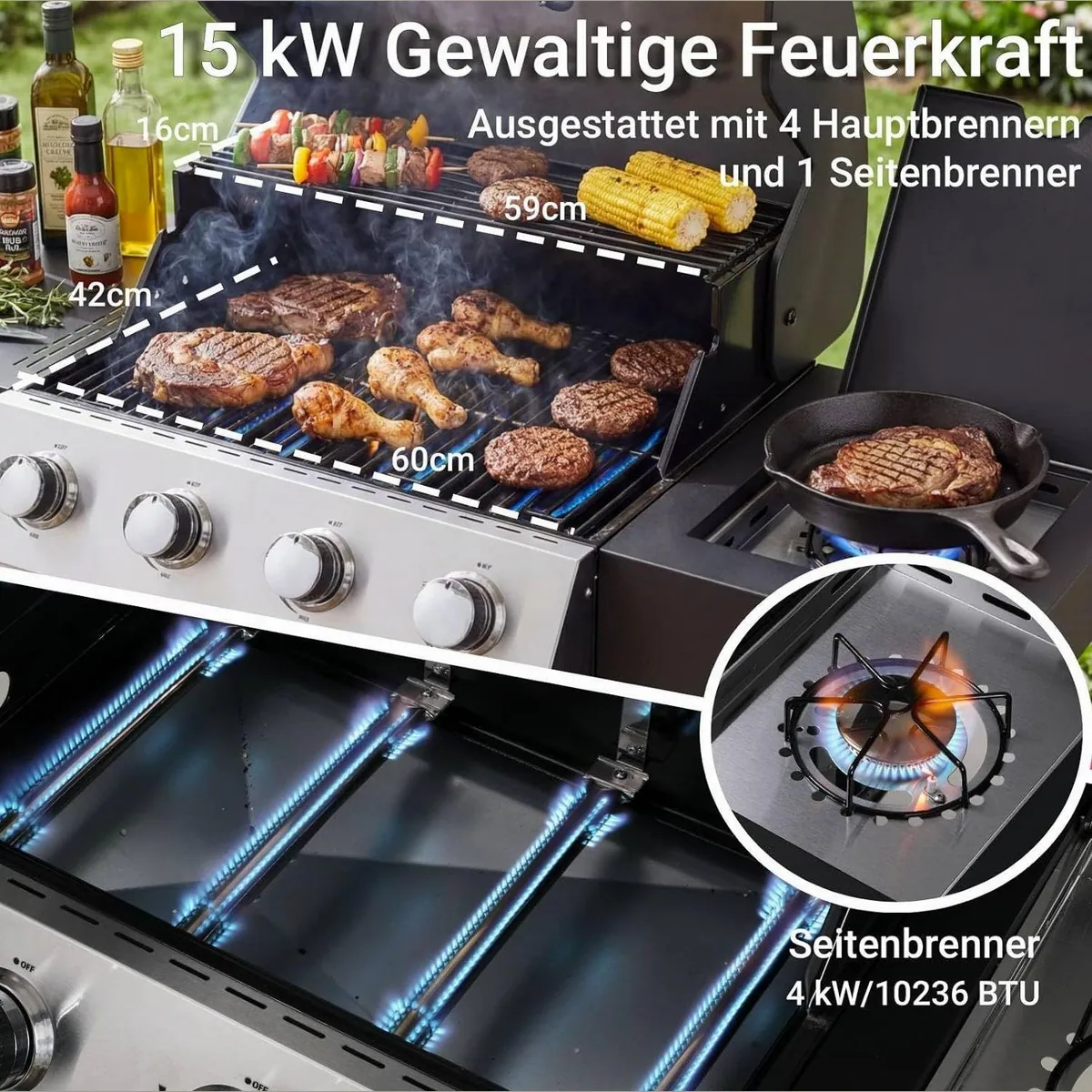 TLGREEN Gasgrill 4+1 Brenner, 15 kW Leistung, vielseitige Grillküche für Garten und Camping 5