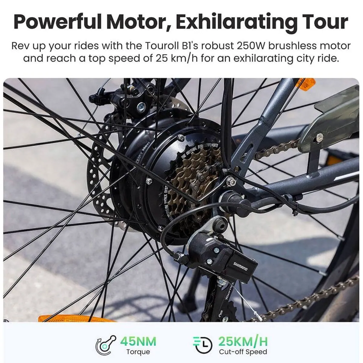 Touroll B1 E-Bike, 250 W Motor, 90 km Reichweite, 7-Gang Shimano Schaltung 3