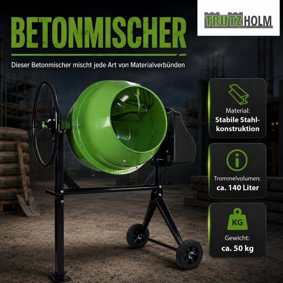 TRUTZHOLM Betonmischer TH-140L, 140 Liter Volumen, 550 W Leistung, konische Trommelform 3