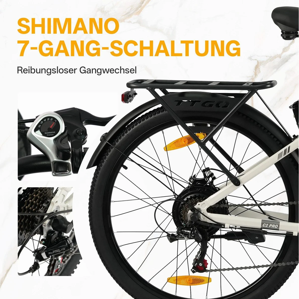TTGO E-Bike Cityrad 26 Zoll, 80-120 km Reichweite, SHIMANO 7-Gang — Aluminiumrahmen, Heckmotor, LCD-Farbdisplay 4