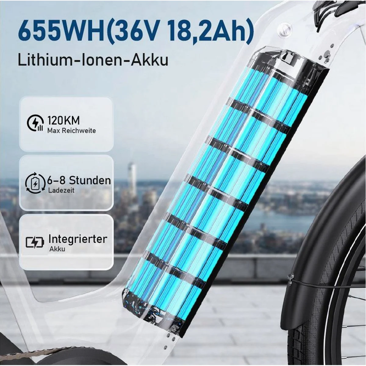 Vankel E-Bike Cityrad, 655Wh Akku, 250W Heckmotor, Shimano 7-Gang 4