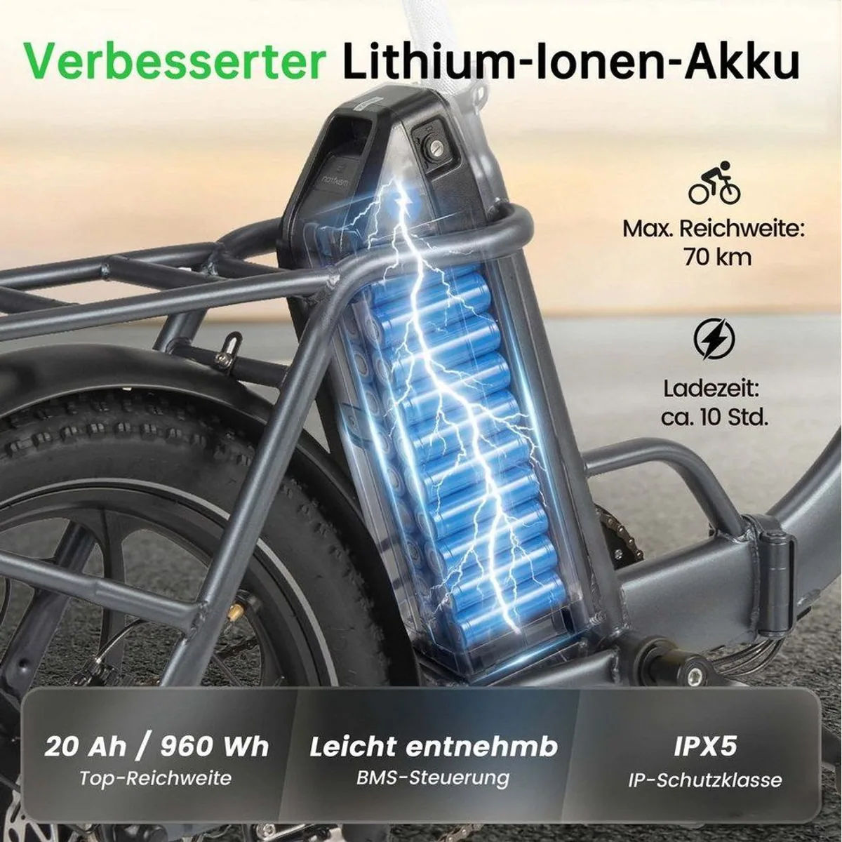 Vankel E-Bike M1, faltbares Cityrad mit 960 Wh, 7-Gang Kettenschaltung, 120 km Reichweite 4