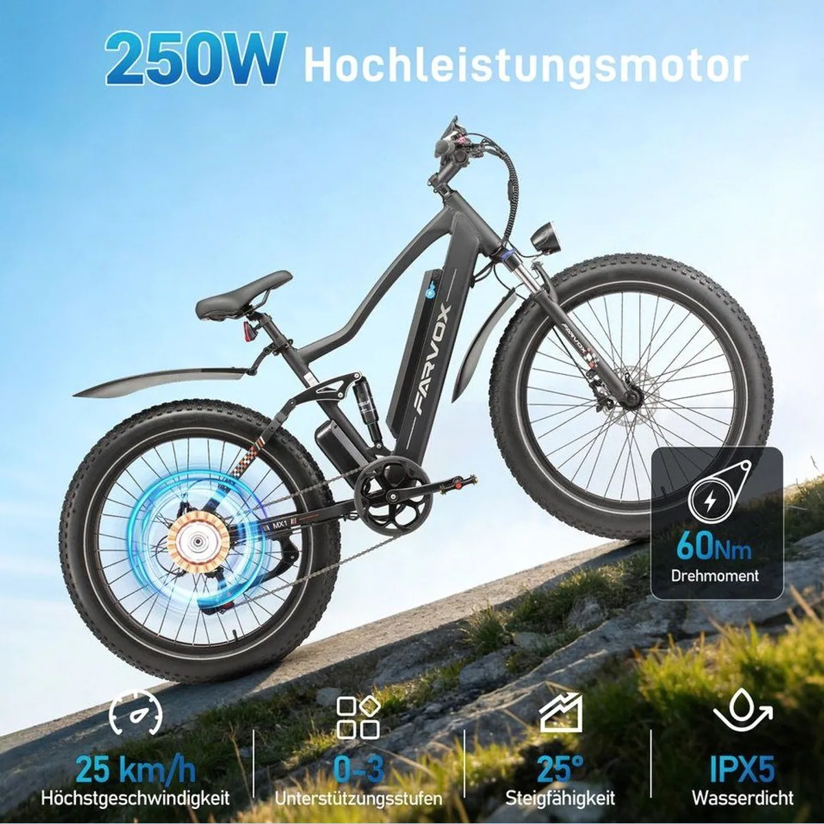 Vankel MX1 E-Fahrrad, 624 Wh Akku, 100 km Reichweite, voll gefedert 4