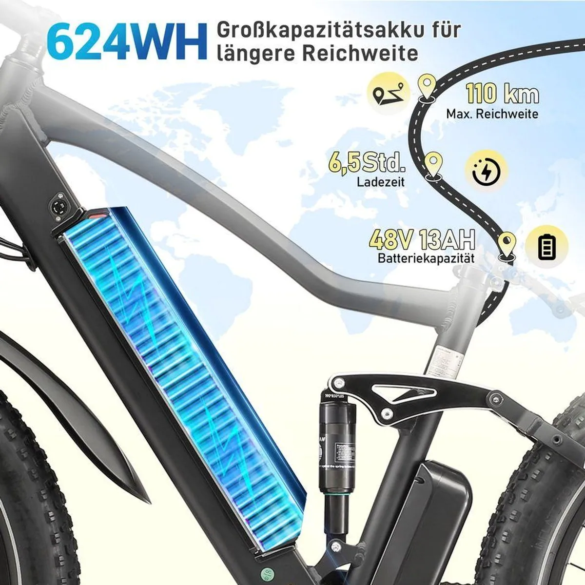 Vankel MX1 E-Fahrrad, 624 Wh Akku, 100 km Reichweite, voll gefedert 5