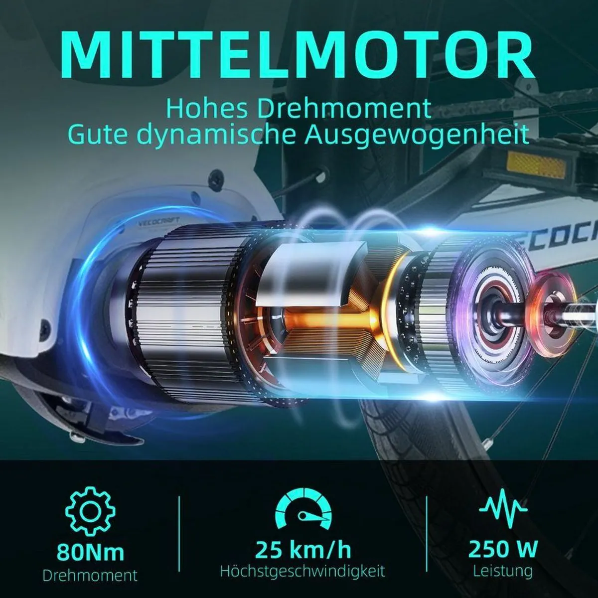 VECOCRAFT E-Bike Cityrad IRIS, Mittelmotor 80 Nm, 576 Wh Akku, 7-Gang Shimano 4
