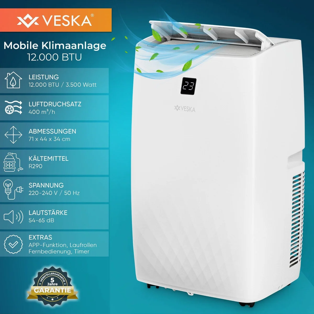 VESKA FDP35-3033ZPWR5 mobile Klimaanlage, 12000 BTU, 4-in-1 Multifunktionalität 3