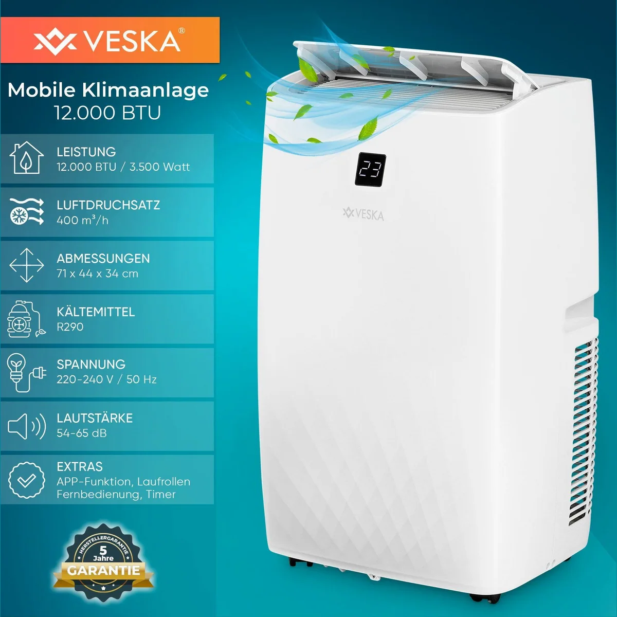 VESKA FDP35-3033ZPWR5 Mobile Klimaanlage, 12.000 BTU, WiFi/App-Steuerung, 4-in-1-Funktionalität 3