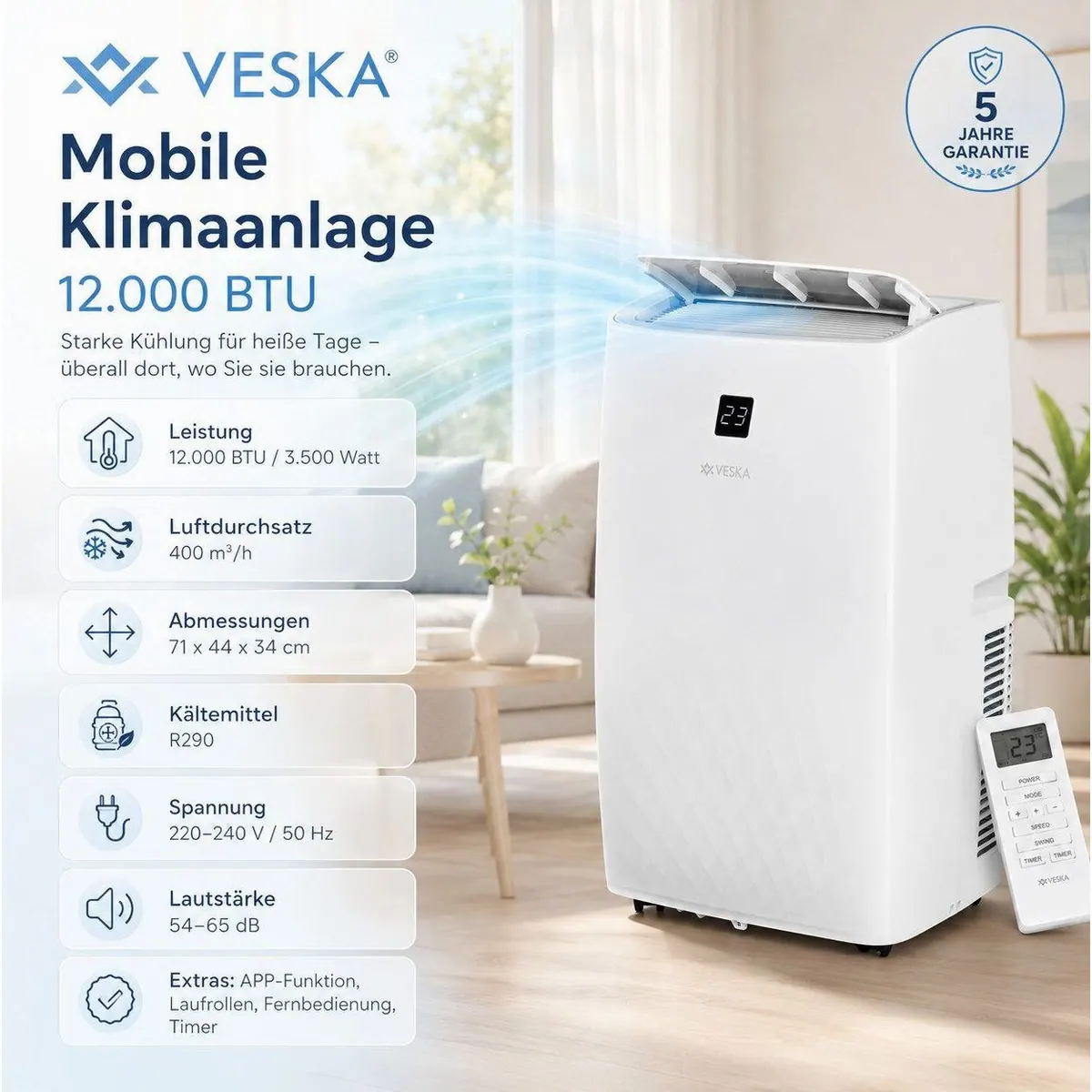 VESKA FDP35-3033ZPWR5 Mobile Klimaanlage, 4-in-1-Funktionalität, 12000 BTU 2
