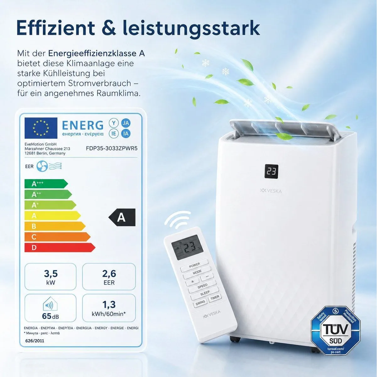 VESKA FDP35-3033ZPWR5 Mobile Klimaanlage, 4-in-1-Funktionalität, 12000 BTU 5