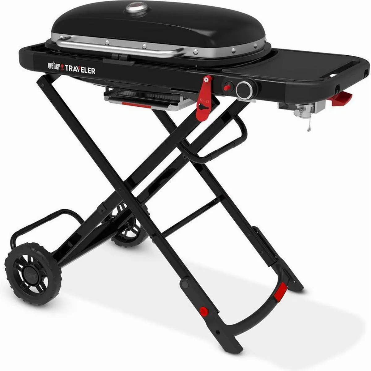 Weber Traveler Camping-Gasgrill, kompakte Bauweise, einhändige Bedienung, automatischer Deckelverschluss