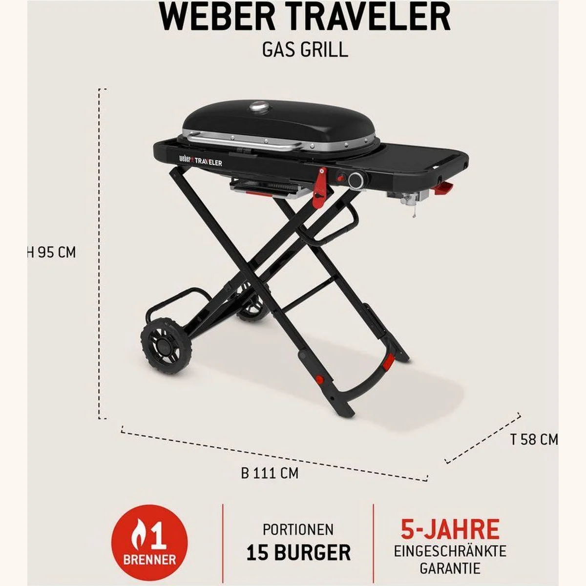Weber Traveler Camping-Gasgrill, kompakte Bauweise, einhändige Bedienung, automatischer Deckelverschluss 5