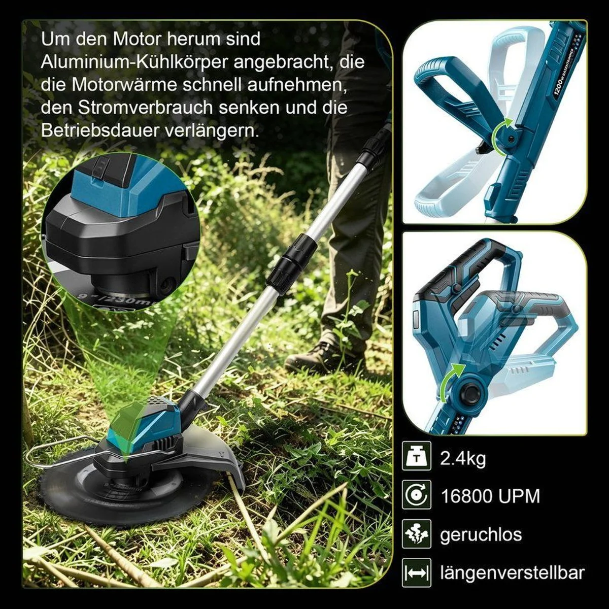 XERSEK Akku-Rasentrimmer 7-IN-1, 1200W Bürstenloser Motor, Kühlaluminiumblock, Teleskopfunktion 5
