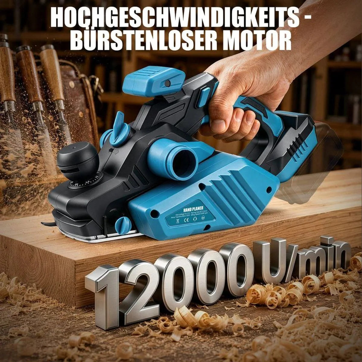 XERSEK Akku-Elektrohobel, bürstenloser Motor, stufenlose Hobeltiefe, Doppelstaubauslass 2