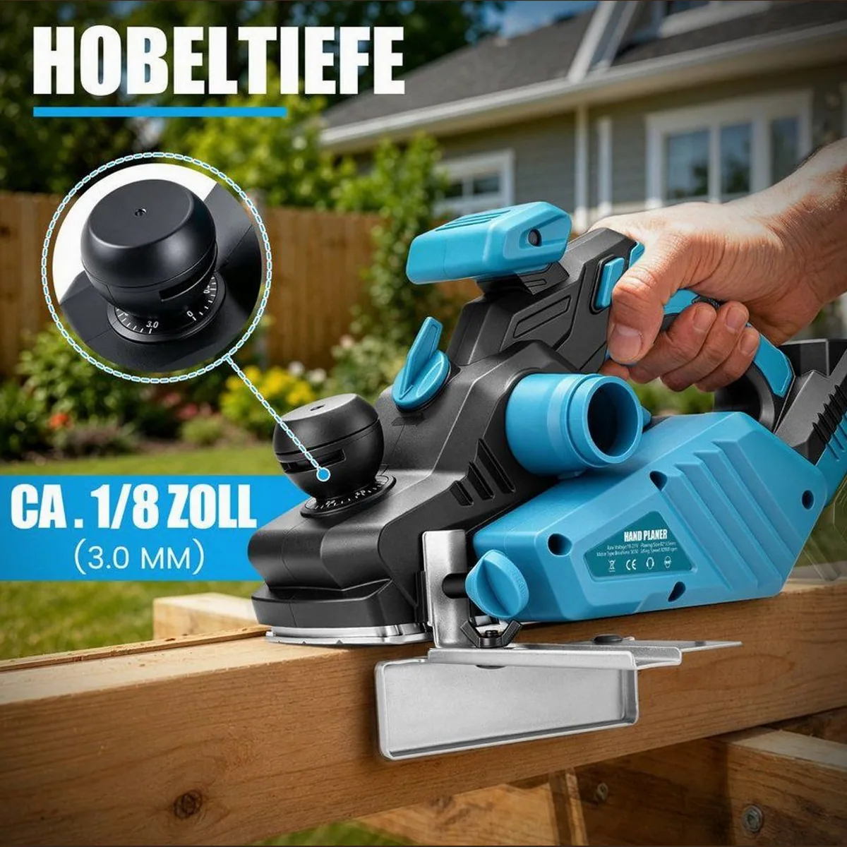 XERSEK Akku-Elektrohobel, bürstenloser Motor, stufenlose Hobeltiefe, Doppelstaubauslass 3