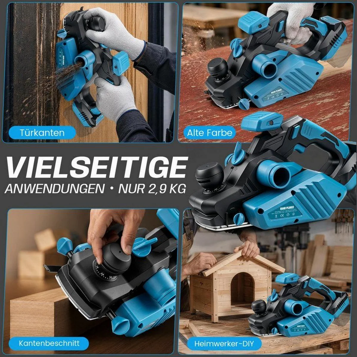 XERSEK Akku-Elektrohobel, bürstenloser Motor, stufenlose Hobeltiefe, Doppelstaubauslass 4
