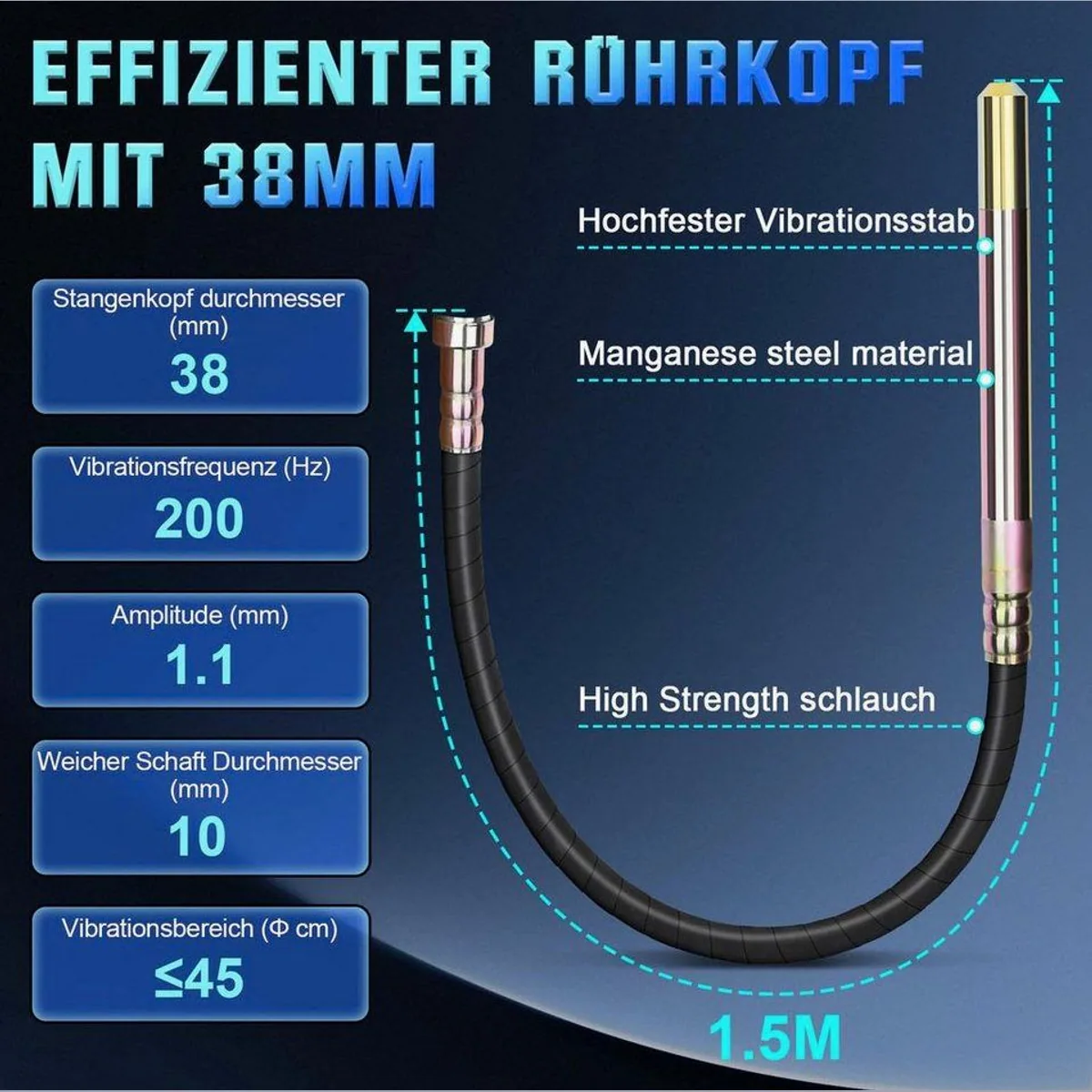 XERSEK Betonverdichter Elektro, 2100W Motor, 6800 U/min, 38mm Rüttelkopf 2