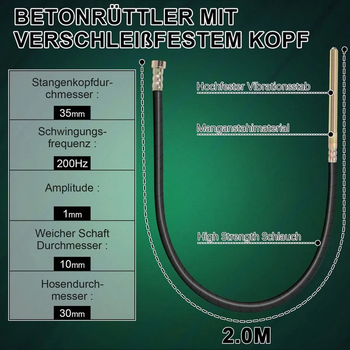 XERSEK Akku-Betonverdichter 2M/850W, hoher Wirkungsgrad, vielseitig einsetzbar, kompatibel mit Makita Akkus 5