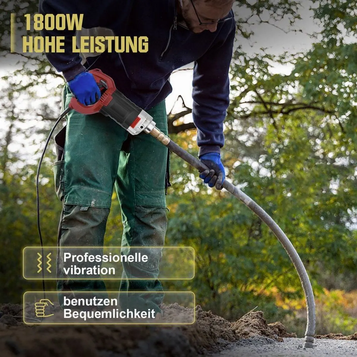 XERSEK Betonmischer Betonrüttler 1800W, Rührwellendrehzahl 6000 U/min, 35 mm Flaschenrüttler 2