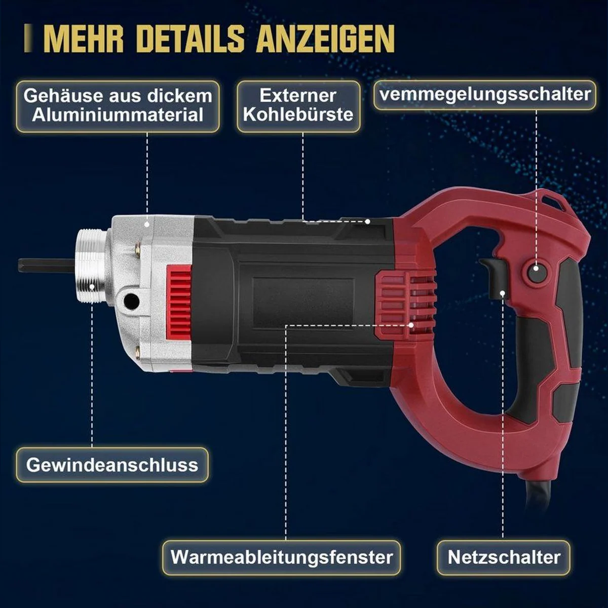 XERSEK Betonmischer Betonrüttler 1800W, Rührwellendrehzahl 6000 U/min, 35 mm Flaschenrüttler 5