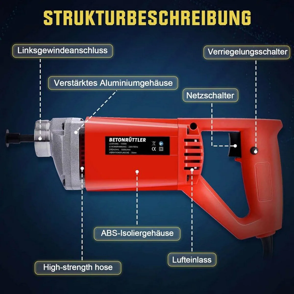XERSEK Betonmischer, 1550W Leistung, 35 mm Vibrationskopf, 5500 U/min 2